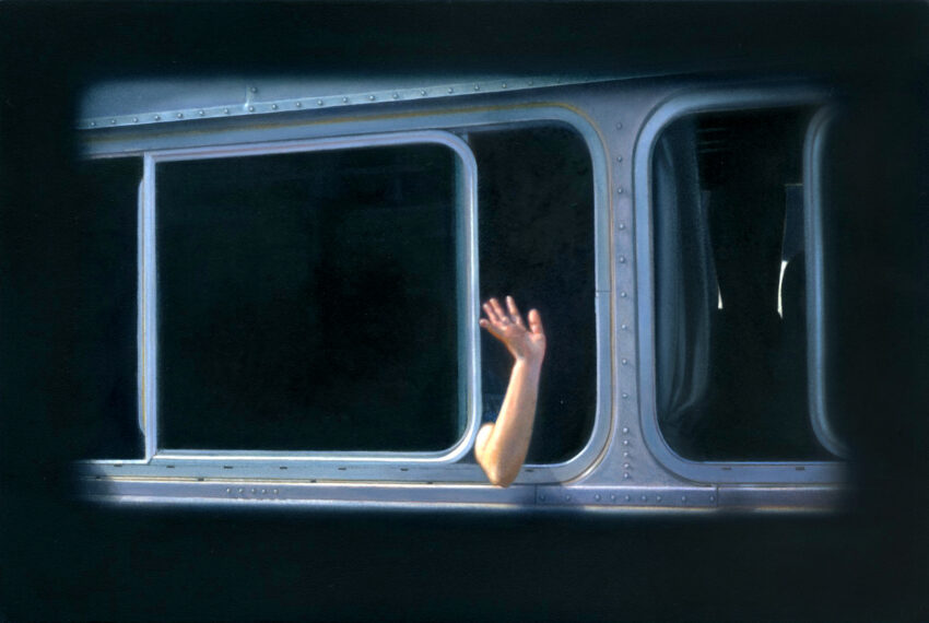 Painting of woman's arm waving through train window