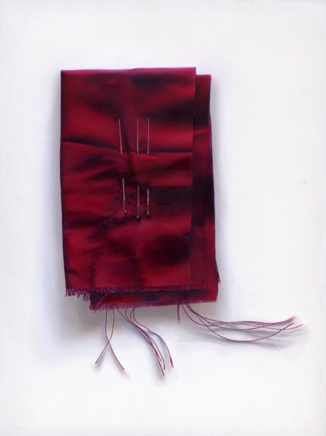 dark red and fraying fabric holding three sewing needles